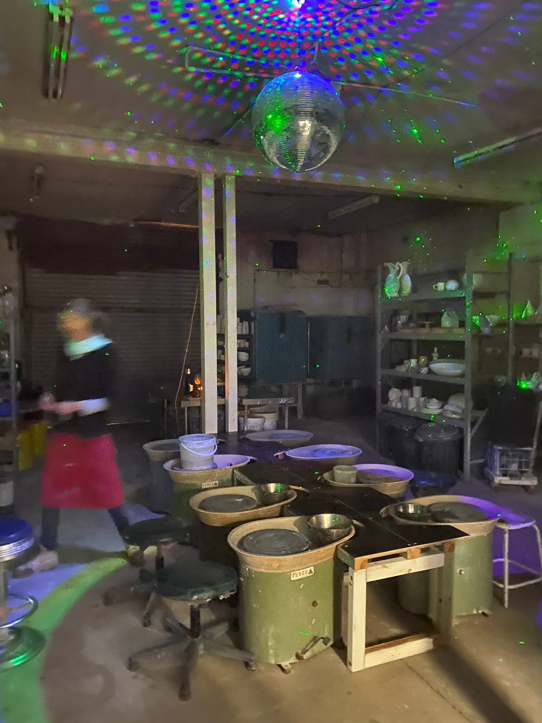 Makers enjoying Disco Pottery at The Throwing Shed